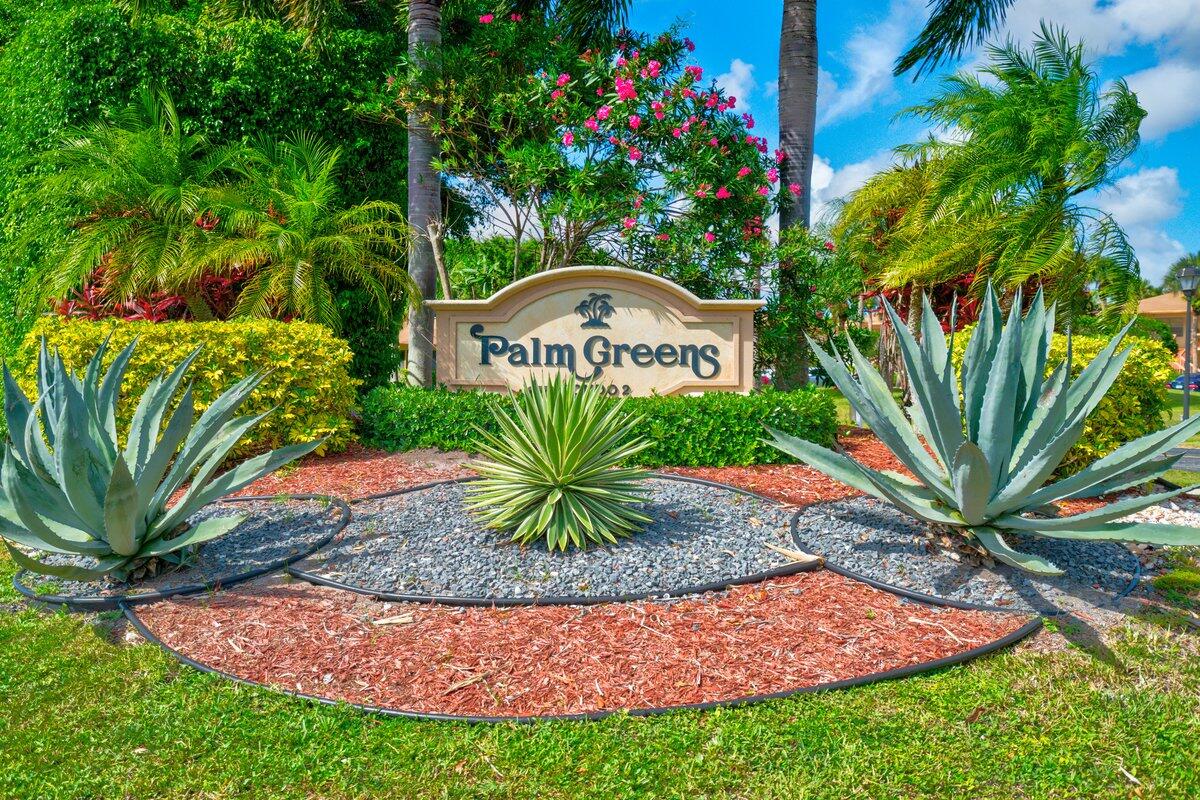 Welcome home to this 2 bedroom, 2 bathroom condo located in one of the most desired 55+ communities, Palm Greens. Easy commute to highways, beaches, restaurants and shopping.This 2nd floor condo is a spacious corner unit with nearly new wood-look vinyl flooring. The kitchen features newer cabinetry, granite counters, SS appliances & double oven.Furniture and household goods can remain if desired.