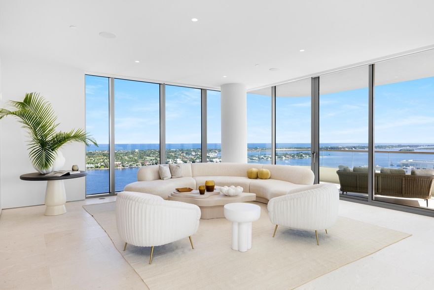 Welcome to residence 2001 at Palm Beach's newest luxury condominium, La Clara. This high-floor, premier 01-line residence spans over 4,200 total square feet and features breathtaking, panoramic views from every perspective. The 1,053 square foot terrace wraps the entire length of the unit, providing for effortless indoor/outdoor living. High-end finishes include large format limestone flooring, top-of-the-line Snaidero kitchen cabinetry, a suite of Miele appliances, polished nickel fixtures and more. This residence is packed with upgrades, including a Crestron smart home system, built-in speakers, motorized window treatments and high-end closet systems. Be the first to enjoy this brand-new, never before lived in unit for the 2023/2024 season. As a resident of La Clara, you'll have access to a range of 5-star services and amenities, such as 24/7 valet and front desk, an onsite concierge, state-of-the-art fitness and wellness facilities, spas with sauna, steam, and massage rooms, a business center, a waterfront pool, a resident lounge, a wine tasting and storage room, a private dining room with a catering kitchen, a private cinema, and two guest suites exclusively for residents.