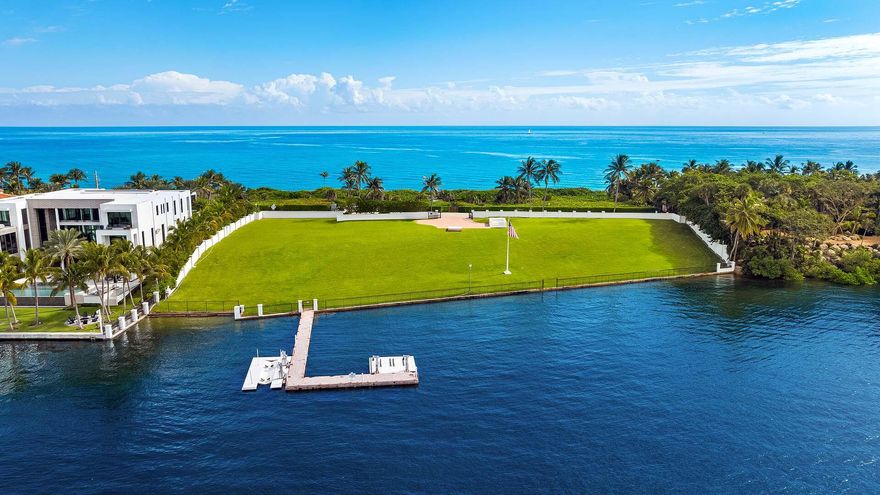 This rare offering is a true unicorn in the world of luxury waterfront real estate. The property delivers an unrivaled combination of direct intracoastal frontage and direct ocean frontage, totaling an extraordinary 350 feet across both bodies of water. It is one of the only true through-lots in all of Palm Beach County. The unique distinction is that it offers a full 350 feet on the intracoastal side and a full 350 feet on the ocean side, a level of scale and symmetry almost never seen at any price point. It is important to note that this property can be subdivided into two separate parcels, each running from the intracoastal to the ocean, which makes this opportunity even more exceptional. Set within one of the most exclusive and private towns in the United States, this property is a blank canvas ready for immediate construction. The land has been fully cleared. The setting is nothing short of spectacular, with endless water views to the west across the intracoastal and infinite blue ocean views to the east. Sunrise to sunset perspectives, total privacy, and exceptional width place this property in a category of its own.
A current dock is already in place and can be expanded or customized for significant yacht accommodation. The deep water access is ideal for large vessels, with the inlet just minutes away and the Palm Beach inlet positioned to the north.

Architectural plans will convey with the purchase. These plans are included in the photography to demonstrate the full potential of the site. The proposed design featured more than fifty thousand square feet under air with every imaginable luxury amenity. Highlights included a guest home, an oceanfront guest house, staff quarters, a state of the art fitness center, a showcase garage for luxury and collectible vehicles, and an oceanfront pool with a glass edge. The vision reflects a resort level compound designed to match the scale and rarity of the land.

Opportunities of this magnitude are extremely limited. Very few properties offer the ability to control direct ocean and intracoastal frontage at this scale in one of the most elite communities in the country. This land represents the pinnacle of coastal living for the discerning buyer who values privacy, exclusivity, acreage, subdivision potential, and the rare chance to build something monumental.