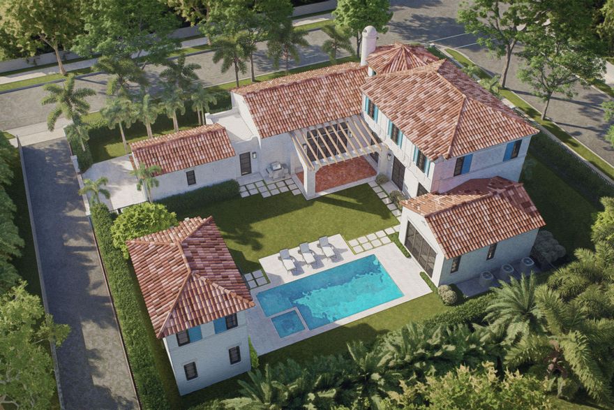 Spanning 4,104 SF under air on this estate-sized 12,000 SF double lot with two separate addresses - a truly rare feature -, this exquisite pre-construction residence, anticipated for completion Fall 2027, will stand as a rare architectural masterpiece in the heart of West Palm Beach's Old Northwood Historic District—at the prime corner of Spruce Avenue and 35th Street. Honoring the timeless Mediterranean Revival legacy of iconic architects John Volk and Gustav Maass, crafted by award-winning architect Roger Janssen and built by Beno Janssen III, it blends elegant stucco facades, classic barrel-tile roofing, and arched entryways with refined Santa Barbara Modern interiors: clean lines, open-concept flow, vaulted ceilings, a dramatic circular staircase, star hall, and striking fireplace.  The property includes a 3BR/3.5BA main residence (3,552 SF A/C including 275 SF garage) and a detached 2BR/2BA guest quarters (552 SF), totaling 5 bedrooms and 5.5 baths. Enjoy the 15x30 ft heated pool, spa, lush landscaping, driveway, and optional carport.  Old Northwood enchants with quiet, mature tree-lined streets and sidewalks. It features an exceptional collection of Florida Land Boom-era homes, preserved by the West Palm Beach Historic Preservation Board amid a vibrant revival driven by nearby multi-billion-dollar projects, to include the nearby Currie Park.  Priced at $4,850,000—including a $150,000 allowance for minor customizations—this pre-construction opportunity delivers exceptional value at under $1,200/SF under air in one of South Florida's most promising historic-luxury enclaves.  Note: Currently vacant fenced land with 8' closed-in berm, city-approved plans, double open permit for each address, 505 35th St and 3611 Spruce Ave; minor code enforcement lien pending resolution (lot maintenance during permitting, estimated <$17,000). Full disclosures available.