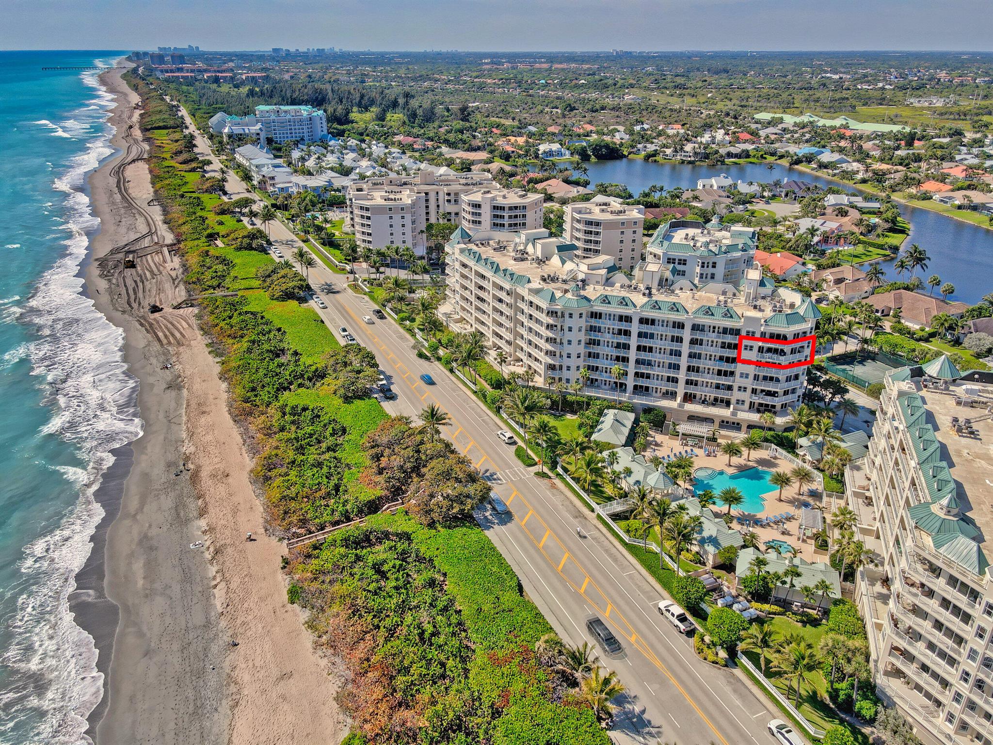Indulge in the epitome of beachfront living with this exquisite NE corner unit on the 7th floor, offering breathtaking ocean views and majestic sunset vistas from the west balcony. Meticulously renovated and furnished with high-end finishes, this residence is sure to impress even the most discerning client. Enjoy the convenience of a private garage parking space and a pool-side cabana for ultimate relaxation. Retreat to the comfort of a king bed in the master suite after a day of beachside bliss. Jupiter Ocean Grande offers resort-style amenities including a 24/7 manned gate, a sprawling pool, fitness center, tennis/pickleball, billiards, all just steps away from the sand. Don't miss the opportunity to reside in one of the finest condominium rentals available on the beach!