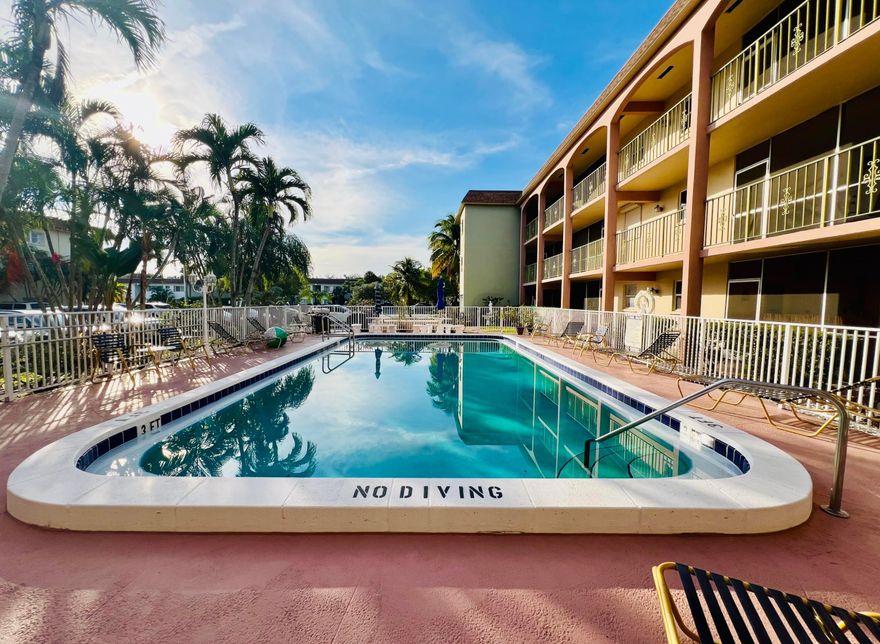 Just 1.5 miles from the beautiful sands of Pompano Beach! Walk or bike to the beach, shops, and oceanfront restaurants. Well-maintained 2BR/2BA unit on the 3rd (top) floor, fully furnished with TVs and a fully equipped kitchen. New A/C and water heater. Laundry on each floor, additional storage, heated pool, and poolside grill. Close to shopping, dining, golf, and casinos.
