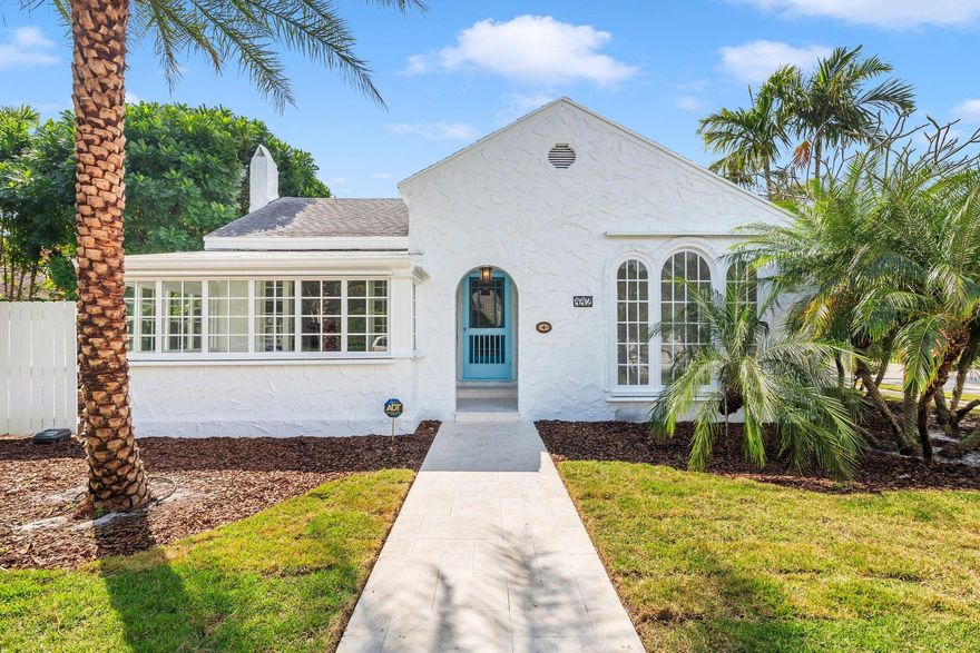 Live large in this spacious 2 bedroom, 2 bath 1920's Spanish Mediterranean inspired cottage. Boasting bright white paint throughout, the Florida sunshine bounces off every wall. Upgraded & meticulously maintained, this home & its vaulted family room ceiling still highlight many of its original features like the Cyprus baseboards/ windowsills, built-in linen storage, arched entry & oversized floor to ceiling arched windows in the dining room, with fun pops of color found in the hidden tiles around the property. City approved for a major addition; this home is perfectly livable AS-IS but can also be upgraded & enhanced with a 2nd floor primary bedroom also incorporating a lap pool & lush garden. Close to area beaches, I-95, the island of Palm Beach, Worth Avenue shopping & fine dining.