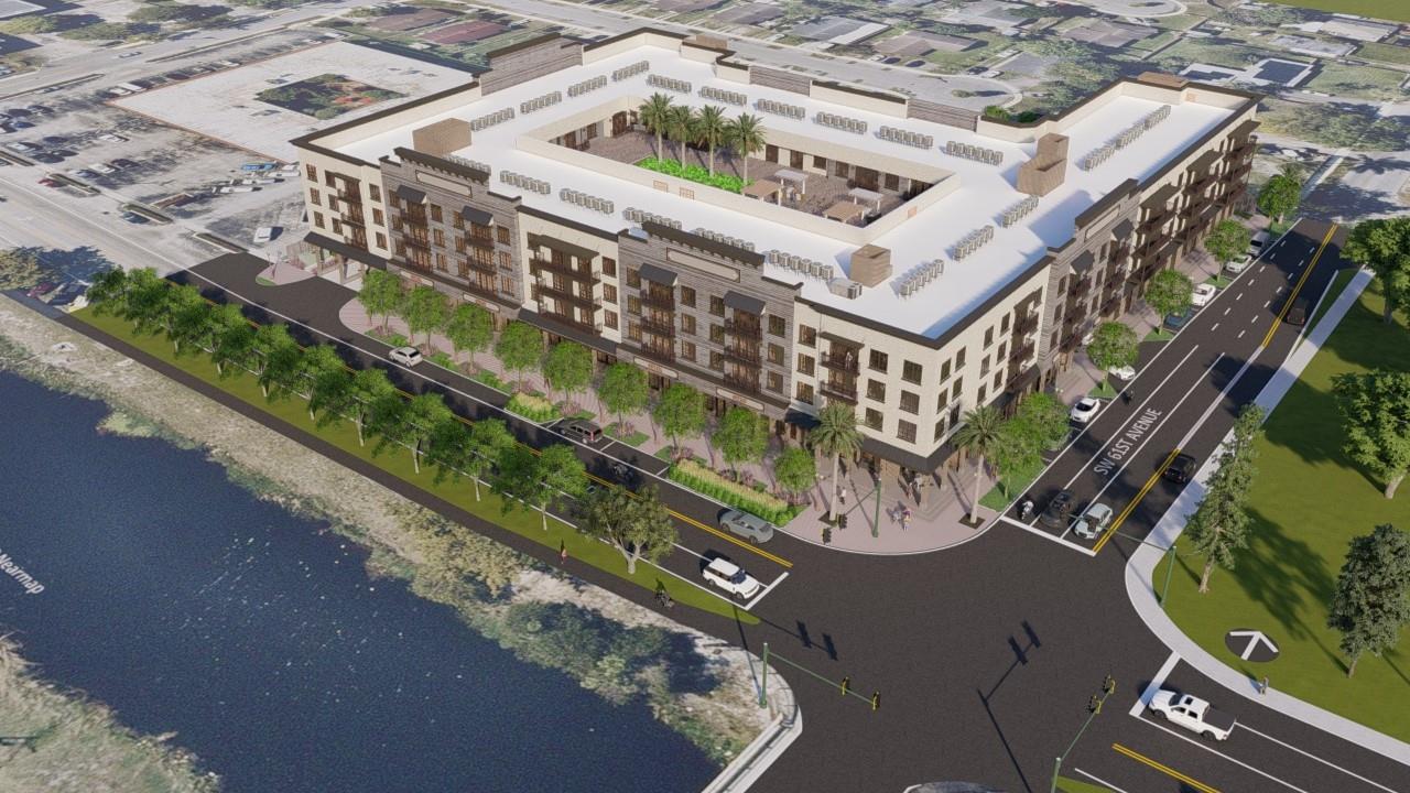 Approved Plans for 136 residential apartment building with an additional 4,000 sqft of commercial space.