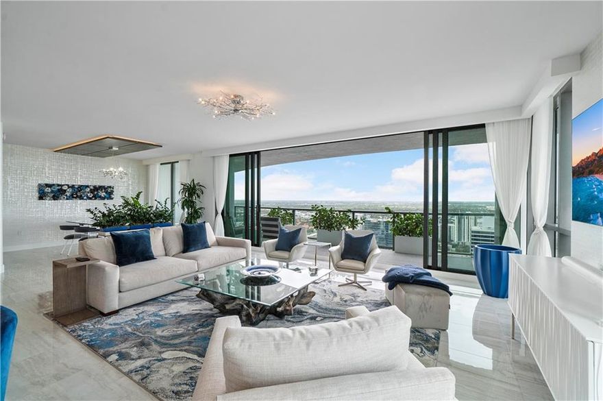 One of the newest and most sought after luxury condo buildings in downtown Fort Lauderdale. Elegance and tastes compliment this fully furnished unit which provides spacious 3 bedrooms, 2.5 baths, two balconies to enjoy; totaling at 2895 sqft. Open concept living between the living, dining and kitchen. Pocket sliders tuck away for an indoor/outdoor entertainment lifestyle. Floor to ceiling impact windows & doors, custom built-in bar with onyx lit countertop; this home will not disappoint. Come live above all in this sophisticated building at 100 Las Olas. Sitting at 499 ft, 46 levels and 113 luxury residences. Amenities including man guarded security, valet services, resort style pool, fitness center, club room, outdoor entertainment area, Las Olas lifestyle.