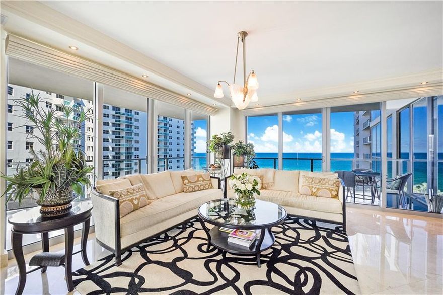 SUNDOWN TO SUNSET ENJOY STUNNING OCEAN AND INTRACOASTAL VIEWS  FROM THIS 3 BED, 3 BATH, EAST AND WEST BALCONY CONDO! PRIVATE ELEVATORS OPEN TO A CUSTOM DESIGNED PRIVATE FOYER! CREMA MARFIL FLOORS & BASEBOARDS THROUGHOUT.PORCELAIN TILE  BALCONY! SOLD FURNISHED, ENOY THE IMPECABILITY OF DETAILS FROM REMOTE CONTROL ROMAN SHADES THROUGHOUT, VENETIAN GOLD LEAFED  CEILING IN THE FOYER, TO CUSTOM CLOSETS,CUSTOM DESIGNED FURNITURE BY MELINSKY, GLASS TILE BACKSPLASH IN THE KITCHEN,CROWN MOLDING&MORE.THIS HOME INCLUDES LIGHTING FROM FARREY,ARTISAN MIAMI & CUSTOM FURNITURE BY CHRISTOPHER GUY. 7 SLIDING GLASS DOORS OPEN TO 700 sq. ft. OF BALCONY! TENNIS COURT ON PREMISE, BILLIARDS ROOM,2 STORY FITNESS CENTER OVERLOOKING THE POOL & OCEAN.CLOSE TO RESTAURANTS,AVENTURA MALL, BAL HARBOUR SHOPPES, AIRPORTS
