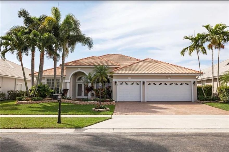 Home is located on a secluded lushly landscaped lot with large pool and hot tub. Lot backs up to a lake with nohouses behind it for privacy. This 2565 sq foot home with a split floor plan, features an open concept living area,with 11 ft ceilings, 4 bedrooms, 3 full baths plus a large study/office. Large master suite has a vaulted ceiling, 2walk-in closets and a large 5 piece bath. Open living area has 3 sets of French doors opening onto a covered patio and pool area bringing the outside in. Pool has recently been refinished, new AC, hurricane shutters plus an industrial transfer switch for generator. In Boca Falls, amenities include 6 tennis courts, basketball court, large heated pool, playground, clubhouse and fitness center and 24 hour guarded security gates.Driving Directions: