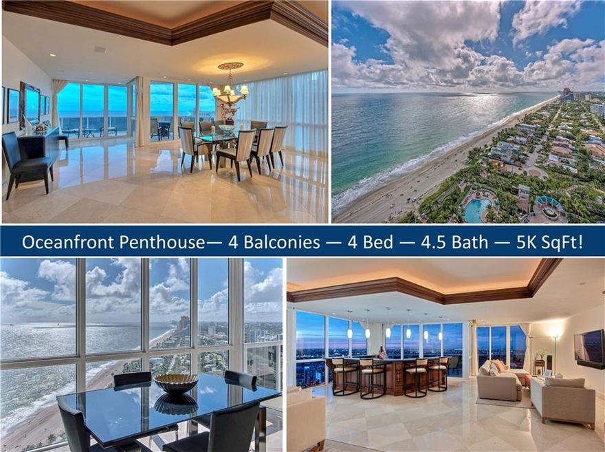 Exclusive Southeast Penthouse unit in prestigious L'Hermitage II. Updated 4 bedroom / 4.5 bath. Approx 5K sqft. of living space + 4 balconies w/additional approx 1K sqft. 11' ceilings! Grand master with 2 large bathrooms, large walk in closet. Centralized lighting & surround sound. Automated blinds/shades, high impact windows and doors, updated baths/kitchen. Marble everywhere. L'Hermitage is a Resort-like complex with 10+ acres of oceanfront property with over 600 feet on an attended beach. The 2.5 acre pool deck has heated spas, pools, kiddie pool and café. Updated fitness center with his/her sauna/steam/massage rooms. Full valet and concierge services included. Tennis facility onsite. Pet walk area. Walk to fine dining, salons, shopping. Minutes to Las Olas and airport.