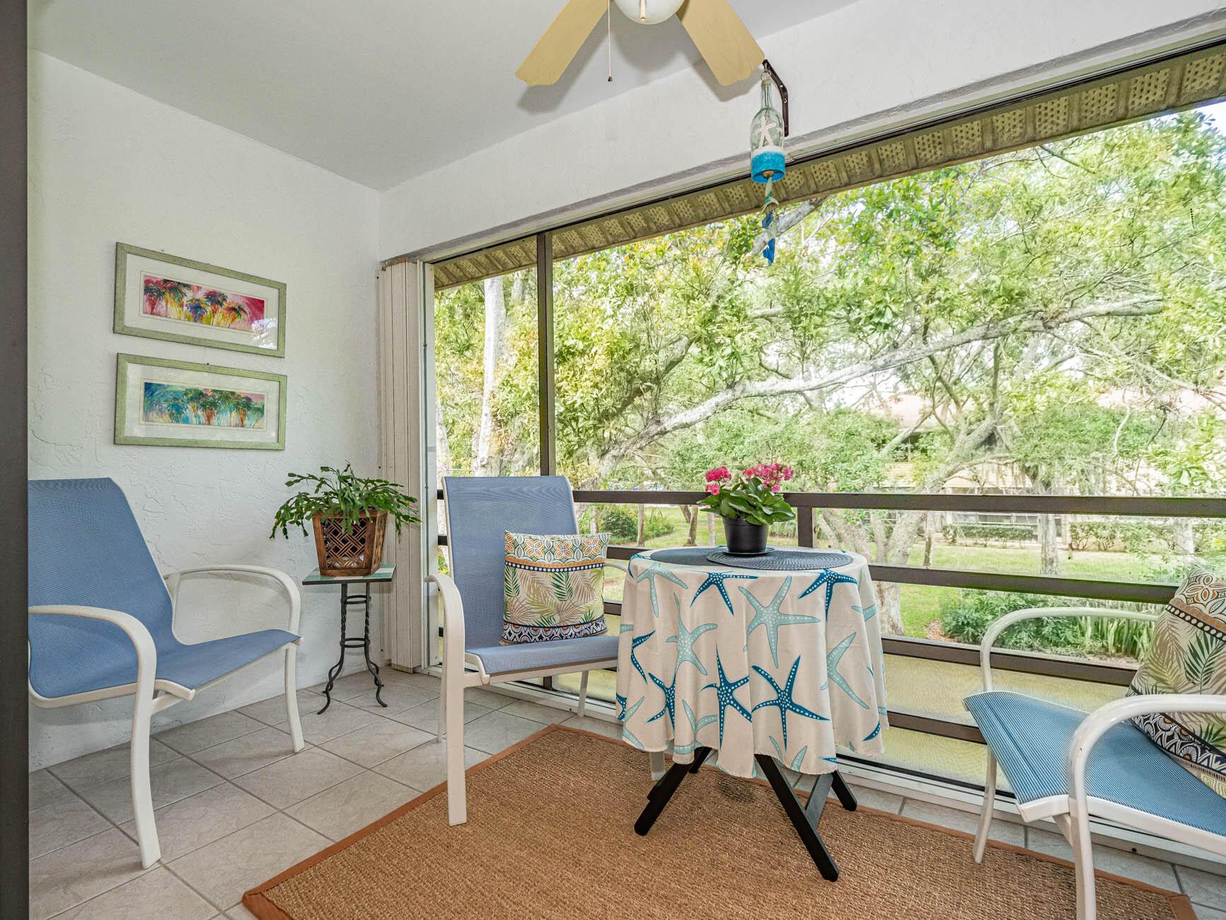 Absolutely gorgeous, 2nd floor, furnished annual rental. Oak Park Terrace is a 55+ community minutes to the beach, shops, and restaurants. Enjoy this spacious, completely renovated condo with amazing, enclosed porch and great breezes! Large master bedroom with walk in and full bath. Kitchen has newer stainless-steel appliances. Complex has pool and tennis. Laundry on floor is coin-operated. Room sizes approximate.