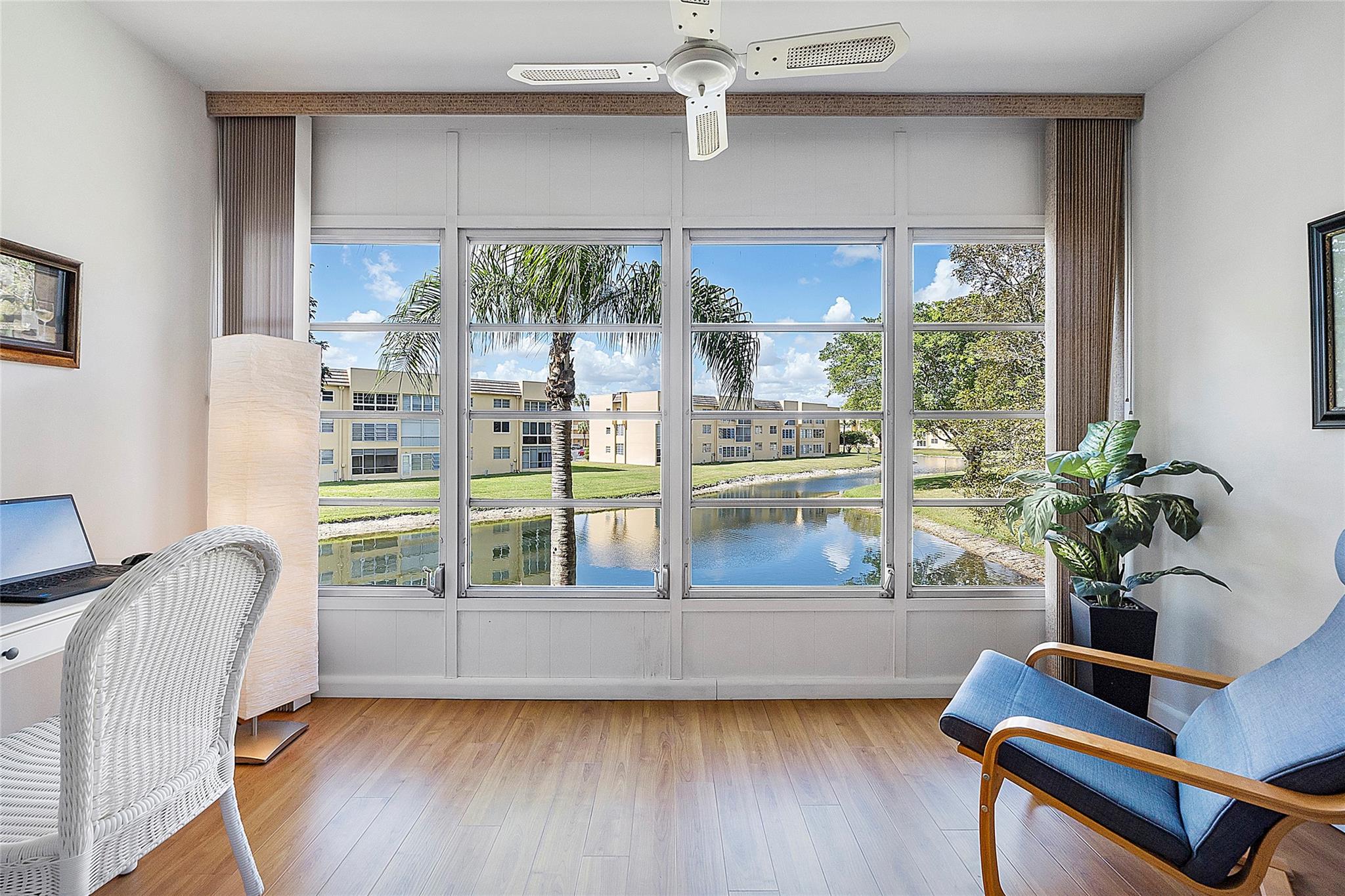 This lovely furnished 2-bedroom, 2-bathroom condo offers peaceful water views, enclosed Florida room, new AC (2023) and a water heater replaced about three years ago. Enjoy a resort-style lifestyle with top-notch amenities, including a clubhouse, four pools, a ballroom, a fitness center, billiards, tennis courts, a library, a card room, and more. HOA fees cover pest control, water, sewer, trash, and cable. Very quiet neighborhood.