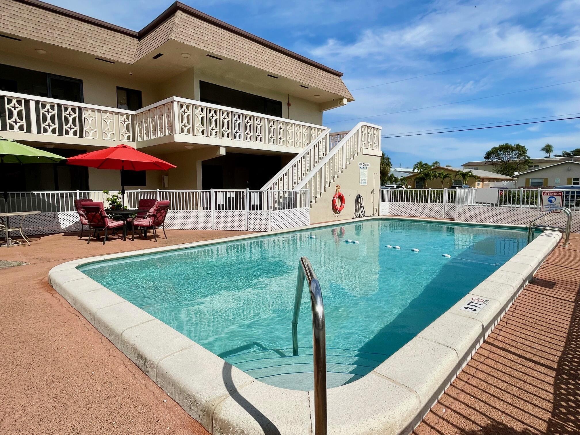 Fantastic chance to lease a spacious 1st-floor studio with an upgraded kitchen, impact windows, central air conditioning, tiled floors throughout, freshly painted, and meticulously cleaned. The well-maintained boutique building offers a beautiful pool, assigned parking, and an ideal location in the thriving central area of Pompano Beach. Quick move-in with no condo association for a hassle-free experience. Easy to schedule a viewing!