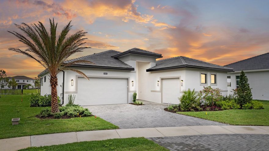 Brand-new waterfront home in the 55+ community of Cresswind at Westlake. Open-concept design with stunning lake and sunrise views, perfect for entertaining and everyday living. Upgraded kitchen features GE Café appliances, quartz countertops, and a large walk-in pantry. Triple-split bedroom floor plan plus a versatile flex room ideal for office, den, or hobby space. Porcelain tile flooring thought living areas. Primary suite overlooks the water and offers an oversized closet. Large laundry room. Great room enhanced with oversized sliders for seamless indoor-outdoor living. Covered patio with peaceful water views. Energy-efficient with natural gas for cooking, water heater, and dryer. HOA includes gated security, lawn care, and access to resort-style amenities: clubhouse, pool, fitness  center, pickle-ball, tennis, dog park, and more. Convenient to shopping, dining, and all Westlake and Palm Beaches attractions.