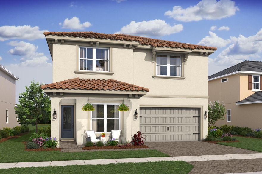 The Rhodes II is an expansive two-story home offering 3,256 square feet of thoughtfully designed living space, featuring 5 bedrooms and 4 bathrooms, ideally situated on a quiet cul-de-sac. Designed with versatility in mind, the home includes a private Extra Suite—perfect for guests or multi-generational living. The bright and airy great room is filled with natural light and flows seamlessly into a beautifully appointed kitchen, complete with sleek grey cabinetry, a spacious center island, and a generous walk-in pantry—perfect for both everyday living and entertaining. Upstairs, a versatile loft provides the ideal space for a game room, media area, or additional lounge. The luxurious primary suite features an expansive walk-in closet and a spa-inspired bathroom with a large shower and the option for a freestanding soaking tub. Enjoy resort-style amenities just steps from your front door, all while benefiting from a prime location near Wellington—only 11 miles from downtown West Palm Beach and just 15 miles from the stunning Atlantic coastline.