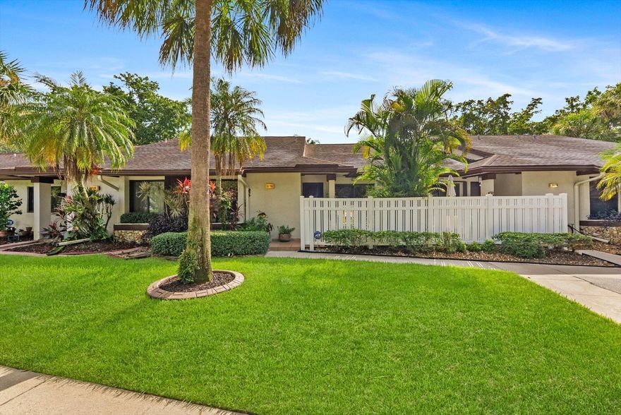 Enter into a Quiet Neighborhood. This impeccably maintained 2-bedroom, 2-bath villa offers the perfect blend of comfort, convenience, and lifestyle. Set in the heart of The Township, this home features vaulted ceilings, an open living and dining area, and an enclosed sunroom overlooking tranquil water, the perfect spot to relax and unwind. The primary suite includes a large walk-in closet, while the second bedroom and bath provide comfort for family or guests. Storage is abundant with a patio storage closet, plus pull-down attic stairs leading to a partially floored attic space. A brand-new roof adds to your peace of mind. Lush landscaping in a quiet setting with enclosed patio for gardening and the community's resort-style amenities pools, tennis, fitness center, and walking path surroun