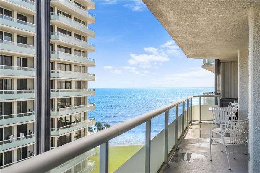 Live life elevated in the corner of the 7th floor in the only high rises in Vero Beach. Relish in birds eye views from the wrap around covered balcony of both the beach and bridges. Modern updates make this a stylish beach retreat. Crisp white kitchen with stone counters, tile backsplash, breakfast bar. Impact glass, tile throughout, furniture negotiable. Enjoy the Florida sunshine in the oceanfront pool, exercise in the fitness center, and enjoy sunrise beach walks with private beach access. Perfectly located with all the Ocean Drive amenities, shopping and dining right outside your door.