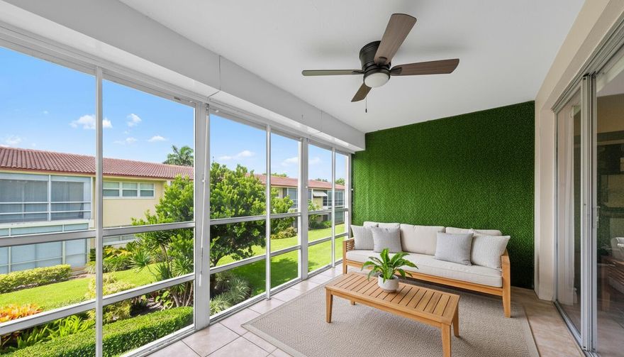 TURNKEY, bright and quiet, second floor, CORNER unit with garden view and natural light throughout. RENOVATED, modern kitchen with breakfast counter, custom cabinetry, quartz countertops, and stainless steel appliances. Spacious living and dining area with sliding glass doors that open to a large screened-in PATIO BALCONY.UPGRADES include complete IMPACT windows, impact front door with touch code lock, NEW central A/C with Google Nest thermostat, NEW water heater and line set, NEW electric panel, LED recessed lighting, NEW ceiling fans, and recently serviced Rolladen shutters provide patio storm protection without the hassle.Community amenities include 2 pools and grilling areas. Common areas are beautifully landscaped. 1 assigned parking space for the unit and guest parking.