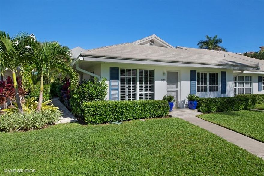 PRIME BEACH LOCATION--2 blocks to Delray's spectacular beach & steps to shops & restaurants on trendy Atlantic Avenue.  Surrounded by exclusive properties, this large 2BR/2BA Bermuda style villa is beautifully renovated & meticulously maintained.  Bright southern exposure.  Brazilian cherry wood floors.  Travertine & Carrara marble in baths.  Custom crown moldings, cased windows & doors, and built-in bookshelves.  Custom kitchen with glazed white wood cabinets, granite counters, accent lighting and all new stainless steel appliances.  Impact glass windows & sliding doors.  Solid CBS construction.  Large sunroom leads to a stunning travertine patio secluded by lush landscaping.  New saltwater pool offers a relaxing retreat in a gorgeous tropical setting.  Picturesque courtyard.  Fee Simple.