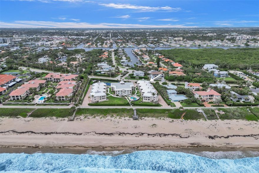 Beautifully appointed oceanfront 2 bedroom / 2 bath condo in The Villas of Ocean Ridge. Complete high-end renovation and direct ocean view. Modern gourmet open kitchen with high-end appliances, quartz counter tops. Porcelain wood tile floors. Designer bathrooms with frameless showers. Plantation shutters. Walk in closets. Impact windows and doors. Two large balconies. Covered parking.  Constructed with option to install elevator. Unit also includes 2 storage areas in the garage. Enjoy ocean front living in this private community with only 26 residences, with deeded private beach, beach dock, heated pool, tennis/pickleball court, etc. Recently completed building renovations include new roof, concrete / stucco, exterior painting, new balcony railings and common areas. All assessments paid.