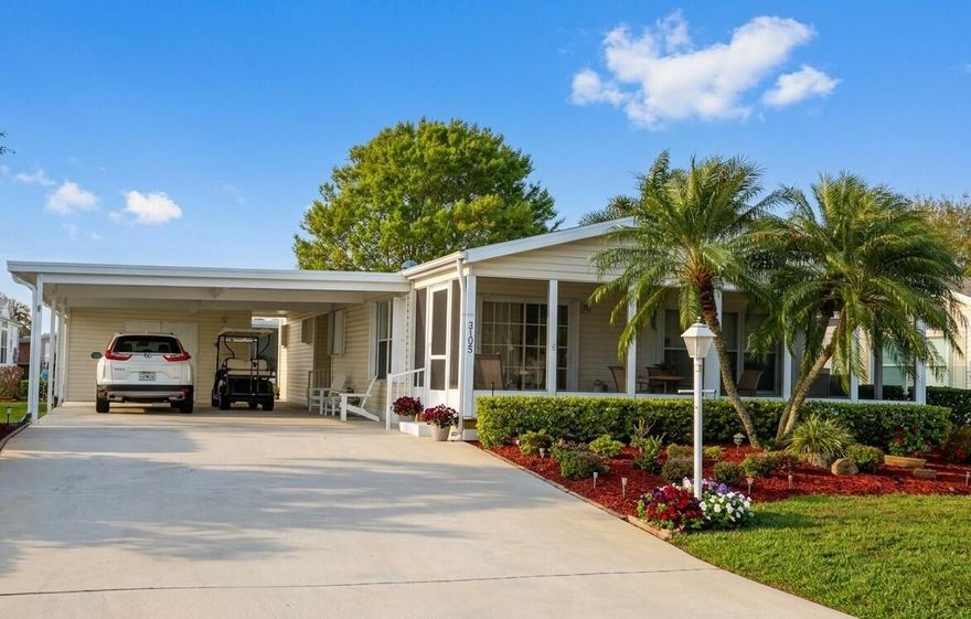 Gorgeous, this home is a fantastic value! 100% move in ready home located in fabulous 55+ Savanna Club. This 2-bedroom, 2 bath home has been meticulously maintained. Offered partially furnished. Large carport. roof replaced in 2020, A/C in 2019. 18-hole golf course located in Savanna Club, 3 club houses (one is totally fitness), tennis courts, Pickel ball, bocce, 3 heated pools, Accordion hurricane shutters, sprinkler on a well.  HTW replaced in 2025. Active social community. Fitness center in each clubhouse. Restaurant also in Savanna Club. Large master suite. Double sinks in master bath. Fully equipped kitchen. Breakfast nook adjacent to kitchen. Full size washer and dryer, indoors. 700 seat theatre. Savanna Club has its own RV parking lot. Land lease property.
