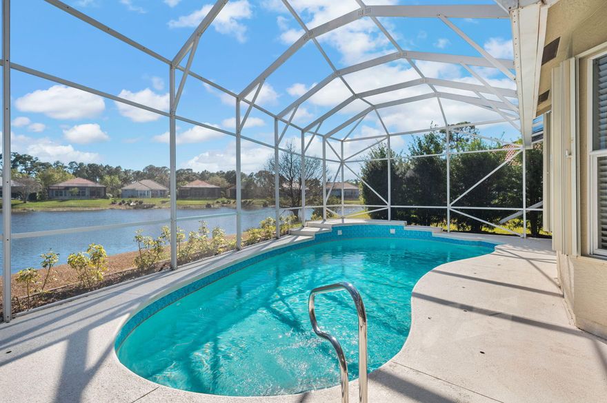 Beautiful 3 bedroom waterfront home in the Lake Charles community of St. Lucie West. Freshly painted home with split floor plan and tile floors through all rooms except the primary bedroom is Laminate floors with large windows looking out to heated pool and water view. Primary bedroom includes 2 walk in closets, dual sinks, shower & soaking tub. White Kitchen opens to eat in kitchen area with large windows & sliding doors from family room overlooking heated pool deck and lake. Formal living room & dining rooms along w/ 2 add'l bedrooms & baths. Inside laundry room & 3 car garage. Accordion shutters, Water heater 2017 and AC 2024, new garage door opener motors and tracks with 1 year warranty include. HOA fee includes: cable, internet, landscaping, clubhouse, security gate and common areas. HOA amenities that cater to all your needs, including lawn care, cable, internet, access to a community pool, play areas, tennis/pickleball courts. HOA social clubs include: Art club, Bunco, Chair yoga, Game night, Guitar club, Mahjong, Ping Pong club and water aerobics.