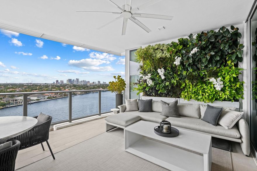 Indulge in elevated waterfront living in the Penthouse at Adagio. This 3BD/3.5BA + den flow-through residence offers 180° Intracoastal, city, and ocean views, private elevator entry, and custom finishes throughout. Enjoy soaring ceilings, recessed lighting, tray ceilings, and custom cabinetry/storage. Chef’s kitchen with Gaggenau appliances, gas cooktop, and wine fridge. Oversized terrace features a summer kitchen and live green wall. Each bedroom offers an ensuite bath and private terrace. Wake up to breathtaking sunrises over the ocean and unwind with city lights at night. Offered: fully furnished, AC storage, 2 parking spaces, EV charging. Boutique building with rooftop & sunset pools, gym, and dog walk. Enjoy ultimate privacy with only 29 residences in this exclusive boutique building.