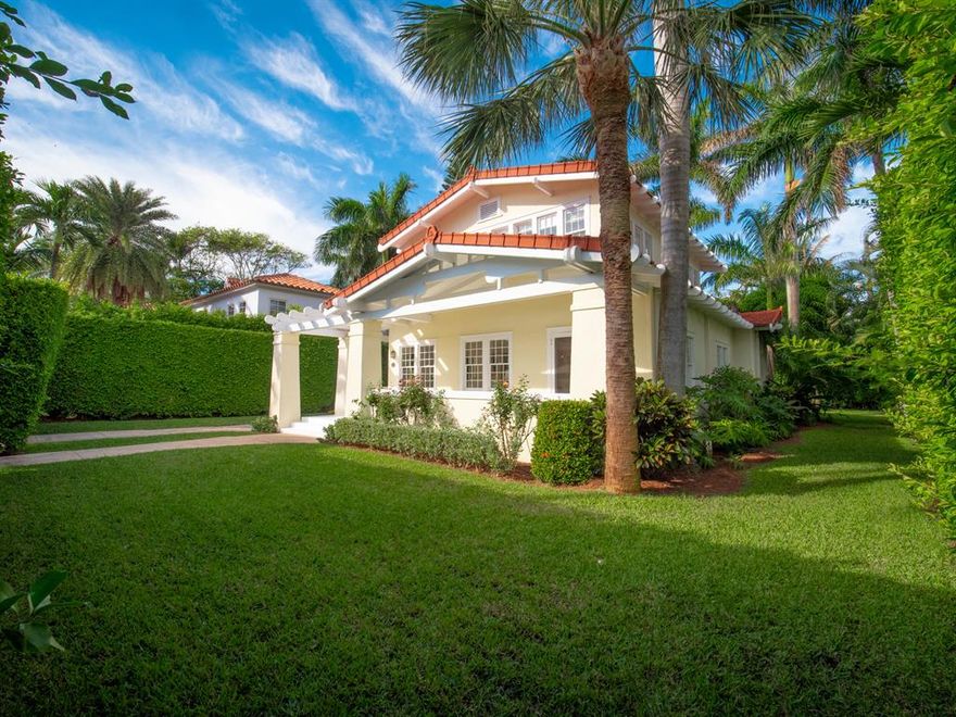 Located on one of the most desirable in town streets, this freshly renovated and ideally located chic home is the perfect Palm Beach retreat. The residence is situated in the center of an oversized 75' x 122' lot with generous green space in the front, rear and side gardens with ample distance from neighboring homes and allowing the lovely ocean breezes, and an abundance of natural light to completely surround the property. The additional greenspace this lot provides is also ideal for children and pets. The landscape has a large hedge for security and privacy, as well as majestic mature palm trees and lovely tropical gardens.   

The sun filled home has newly painted high gloss white floors and beautiful open living spaces.  Two French doors in the living room open to the front porch, wi with a lush private garden beyond, providing the perfect setting for indoor/outdoor living and entertaining.  The kitchen offers stainless steel appliances, a gas range, a breakfast area, and workspace.  

The main floor master bedroom has a brand new white marble master bath with a double sink vanity, polished nickel fixtures, a glass enclosed shower, a soaking tub, and a walk-in closet.  Upstairs are two oversized bedrooms surround by windows, each with their own newly renovated en-suite baths and closets. 

Behind the main house is a cottage with a 2 room guest suite, full bath, a separate laundry room, and garage.  The spotless two-car garage is perfect for parking a large SUV or vintage auto in an air-conditioned climate-controlled environment. This multi use space is perfect for a home office or home school space, recreation room, gym/workout space, covered outdoor entertaining area, or extra storage space.  The generous setbacks and front to rear 100 foot long driveway can accommodate multiple vehicles with room for expansion if so desired.

This premier location gives you deeded beach access to the east, the lake trail to the west, walking distance to restaurants, and is in close proximity to the shops of Worth Avenue, The Royal, The Breakers, Four Arts, Town tennis courts, and Fitness Center. This fantastic Seaspray home has it all.