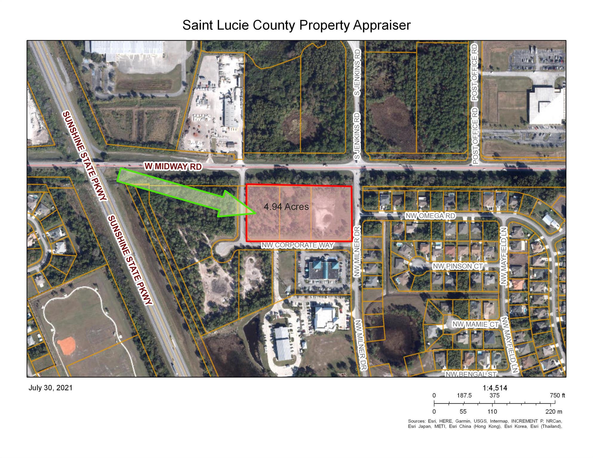 Prime 5 acre Commercial site on Midway Rd. Surrounded by roads on 4 sides. Midway is a rapidly growing main corridor connecting I-95 & US 1. Amazon has built a 1 million sf distribution facility at Midway and I-95 only 1.3 miles west of this site. The nation's largest Wavegarden Surf Park is to be located at the NW quadrant of Midway and I-95. (200 acres to include 800 homes, 600 hotel rooms and 400,000 sq ft retail space). New Turnpike interchange is in planning stages immediately west of the site. Traffic lights are possibly coming to each end of this property see attached sketch in documents tab. Also coming to Midway Rd.- Wylder a 1,970-acre 4,000 home community in the SW quadrant of I-95 and Midway Rd. Click on ''more'' line to see additional information.