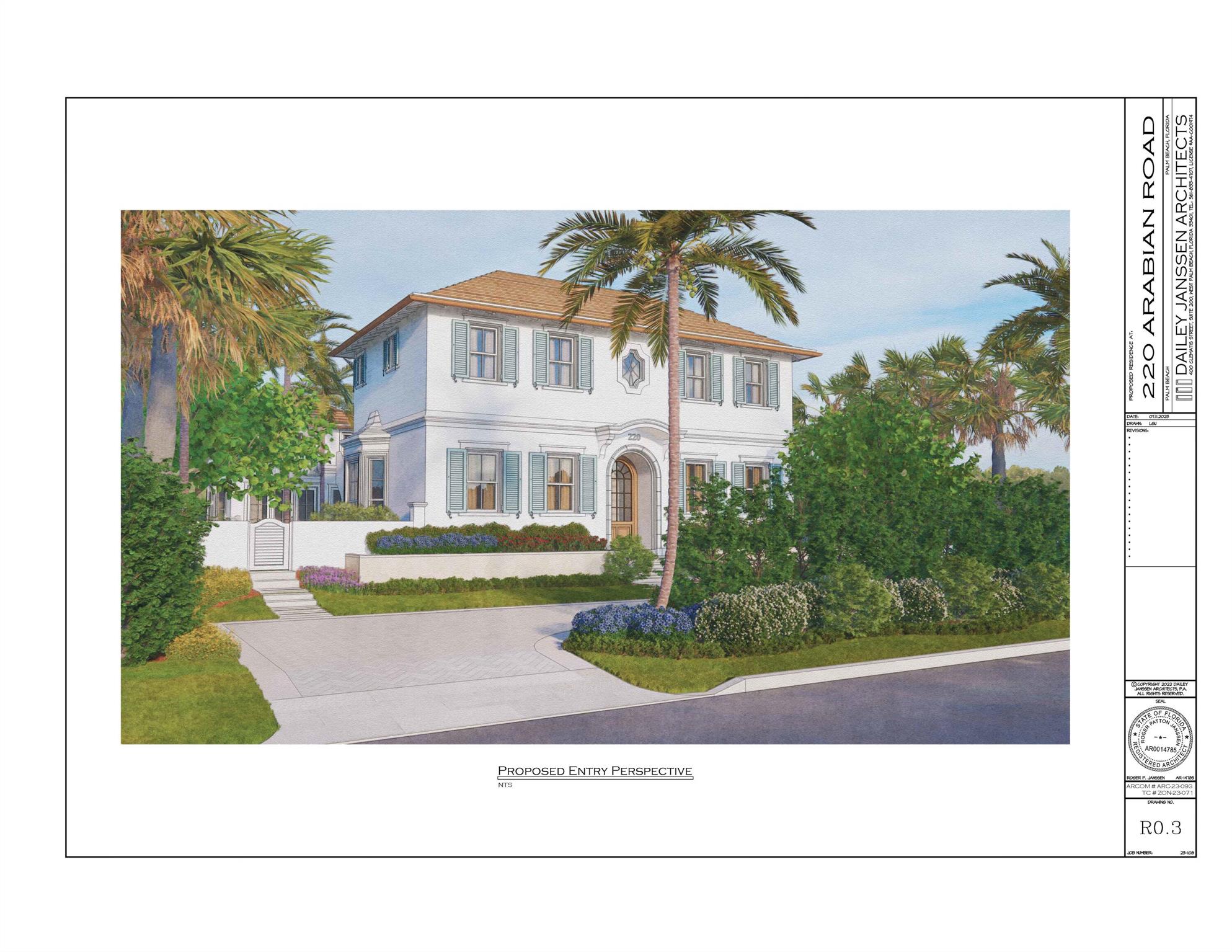 Rare opportunity for a custom build in Palm Beach's north end with approved ARCOM plans. Price listed is for Land only. Architect Roger Janssen has envisioned a beautiful and thoughtfully designed 6BR/7BA home on this quintessential north end street. Approximate square footage is 4,557 total and 3,711 under air which excludes the garage. Total enclosed is approx. 4,997 which includes 440 sf for garage. Arabian also includes beach access to one of the deepest/most pristine beaches on PB island. This is a rare opportunity you don't want to miss.