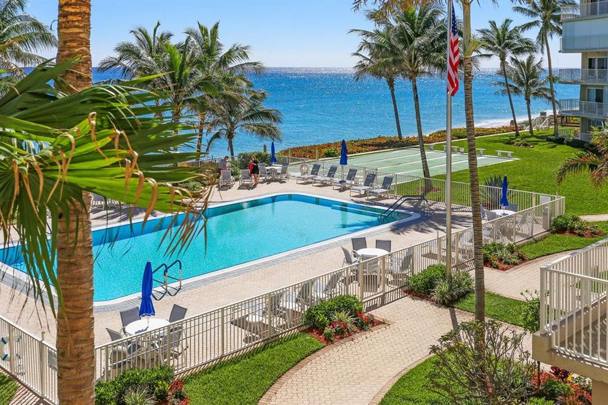 Glorious Direct Ocean View!!! Watch the sun rise out of the ocean every morning while at night you'll marvel as the Moon ascends from the ocean on its nocturnal arc... all from your very own ocean front Paradise located in very, very desirable Highland Beach. Relax in the balmy ocean breeze of your own personal piece of Paradise by the Sea. Large, heated community  pool is right on the ocean recently rebuilt into a custom modern ''Infinity'' pool featuring built in bench seating to comfortably immerse yourself while keeping your eye to the sea as your mind relaxes captivated by sounds of rolling seas as waves sweep ashore and ships sail across the horizon. This recently renovated 2/2 features high end granite kitchen with stainless steel appliances and renovated bathrooms (Clickl More) marble flooring with carpeted bedrooms. All Hurricane Impact glass and doors. Balcony are unusually large (26 X 8) - suitable for entertaining or simply enjoying your own solace with the magical embrace of sea and shore that beckons right in front of you. 

Community Clubhouse was renovated several years ago and provides a large and comfortable party room with kitchen. The Manager is On Site located in the clubhouse which also features a fitness area (with equipment), library, TV viewing space, billiards, and ping pong. Penthouse Towers has for a long time enjoyed its reputation as a "friendly building" and you will find the residents to be active, social and friendly. Social events "on site and off" are scheduled throughout the year with numerous opportunities to engage and make new friends.

The location couldn't be better and more central to what you want to do.... go stroll a short ways down the Beach to nearby Delray Sands Resort for Breakfast, Lunch, Happy Hour and Fine Dining. Exciting downtown Delray Beach is just minutes away with its buzzing ''Atlantic Avenue'' social and entertainment scene featuring over 60 restaurants and night clubs. There is also Boca Raton's Exciting Social Scene in nearby and very chic Mizner Park with its high end shopping, fine dining and the treasured outdoor amphitheater venue for traveling name acts and entertainers. Local restaurants, pharmacies and grocery shopping are all within two to three miles including Whole Foods, Trader Joes, Fresh Foods, Publix and Walmart Neighborhood Grocery. Two local hospitals are both within 12 to 15 minutes drive and local First Responders are just a half mile away. Come live the life you've been dreaming of for too, too long. 

This unit features an expanded living room with nearly 100 SF more space than the typical units in this building, plus the balcony has more space. 

Most recent sale in Penthouse Towers of a comparable larger unit like this was $565,000 in July 2018.