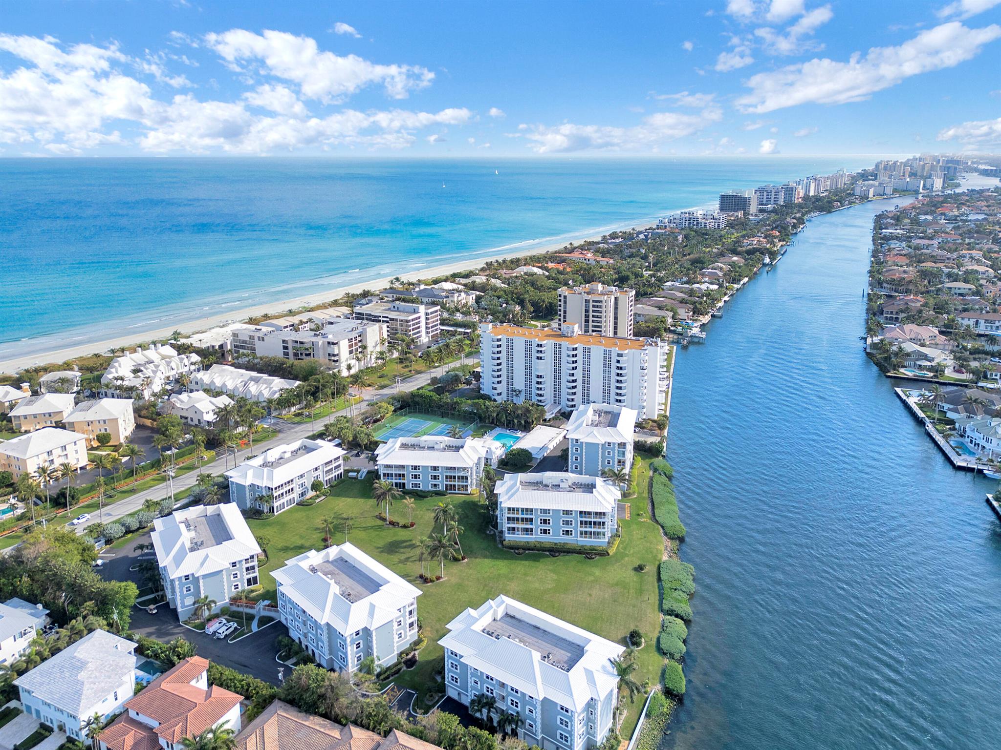 The perfect blend of tranquility and sophistication is the most appropriate way to describe the waterfront community of Bermuda High West. A lush 5 acres of waterfront within close proximity to Atlantic Avenue, both Fort Lauderdale and Palm Beach International Airport, this boutique community consists of merely 46 units. In addition to the vast green space, you will also discover two private tennis courts, a community lap pool and most exciting is the private beach club positioned on the sand. The Beach Club is outfitted with a full kitchen and common area along with two guest bedrooms reserved for guests of unit owners within the complex. Unit 5A is elevated above the private garage space but from the unit itself, you may exit directly onto the common grounds with fantastic views