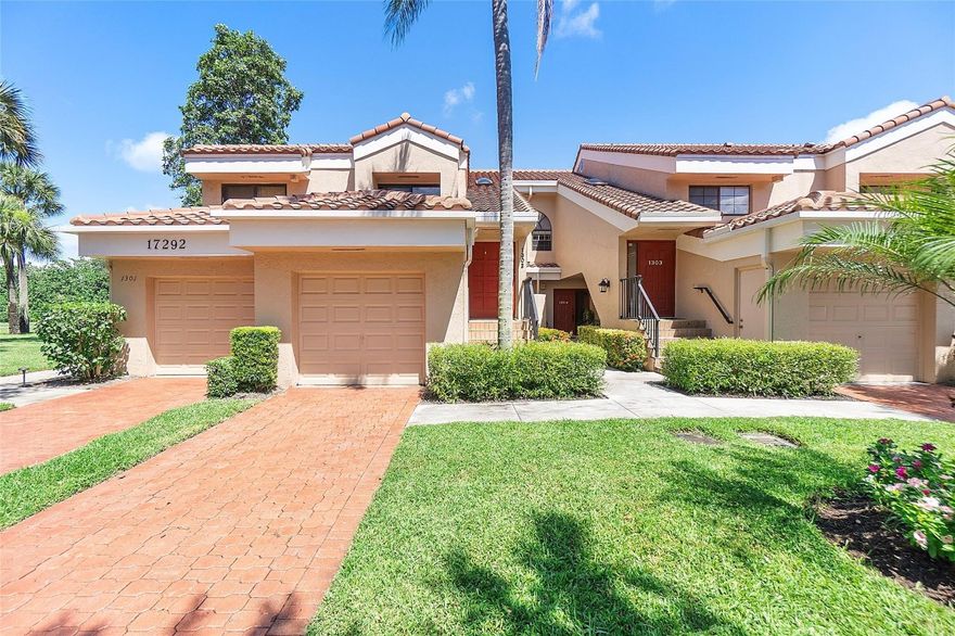 Enjoy gorgeous panoramic golf course and lake views from this rarely available 2nd floor corner unit overlooking the 16th hole. Open concept floor plan with vaulted ceilings and extra windows makes the home light and airy with tons of natural light. Unit is turnkey, featuring hurricane impact doors and windows, neutral color tile flooring and freshly carpeted bedrooms, oversized patio, updated kitchen with eat-in nook, and offered fully furnished. Located in the exclusive gated community of Boca Country Club, and steps from the Fairways subdivision pool and Boca Raton Golf & Racquet Club. Tankless water heater 2023, A/C 2020. Washer and dryer in the unit. Property is wired for security alarm. No club membership required.