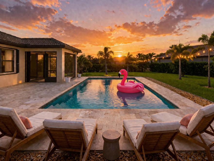 Welcome to Veranda Gardens! Discover a standout opportunity with this impeccably maintained 2-bedroom, 2-bath home plus den, perfectly positioned on an oversized 0.31-acre premium corner lot, one of the largest in the community. This home delivers the ultimate Florida lifestyle. Step outside into your own tropical retreat, where a solar-heated, saltwater pool (2021) is surrounded by travertine decking, water features, mature palm trees, and lush landscaping that lines the entire fenced yard. Inside, the home offers a refined and inviting design with custom wood archways, crown molding throughout, an executive glass door to the den, and tile flooring throughout the main living areas. The kitchen is equipped with stainless steel appliances, granite countertops, upgraded cabinetry, and  natural gas for the range, water heater, and dryer. Additional features include central water filtration, accordion hurricane shutters, Cat 5e wiring, tinted windows, an integrated safe, security cameras, a quiet belt-drive garage opener, and custom storage in both the garage and walk-in closets. Residents of Veranda Gardens enjoy resort-style amenities including a clubhouse, two pools, spa, fitness center, tennis and pickleball courts, bocce ball, fire pit, and dog park, offering a lifestyle of both luxury and convenience.