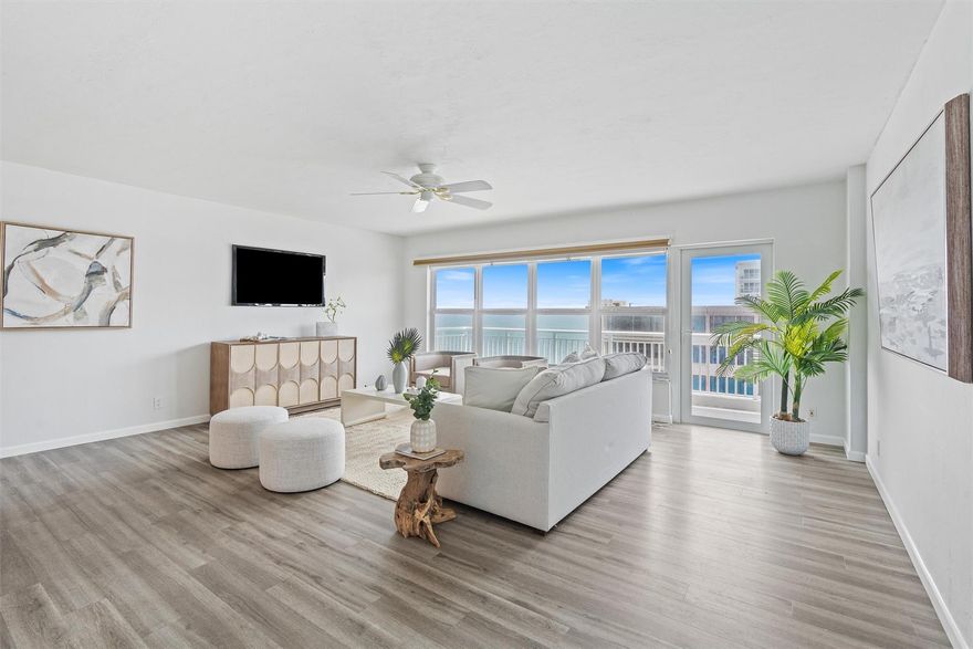 Breathtaking views from this 17th-floor unit.  Bright, open, and large space in this beachfront condominium. Contemporary gray laminate floors throughout, a washer and dryer in the kitchen along with a pantry, separate jetted tub, and shower in the master bedroom.  This unit is being sold with one covered garage parking space but a second can be purchased for an additional $40,000.  Storage on the same floor.  Quarterly HOA incudes water, sewer, trash removal, pest control, high-speed WiFi, and cable with HBO.  Regency Tower is located in the center of the Galt Ocean Mile directly across from grocery stores, pharmacies, restaurants, and more.