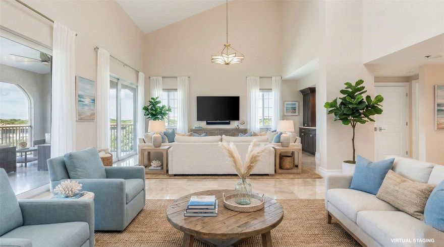 An exceptional opportunity to own an updated penthouse of this size and caliber in Vizcaya. Over 2,400 sqft of open living with sweeping golf, pond, and city skyline views, this 2-bedroom residence features 20' vaulted ceilings, skylights, and floor-to-ceiling impact windows that fill the home with natural light - including a screened balcony of ~350 sqft overlooking the Cypress Golf Course. The gourmet kitchen showcases Jenn-Air appliances, quartz countertops, and an eat-in island. A functional, move-in-ready layout with laundry and semi-private elevator access for added privacy. Vizcaya’s gated community offers a pool, fitness center, clubhouse, BBQ area, covered parking, access to golf, tennis, and pickleball. A rare combination of space, updates, and lifestyle at a compelling value.