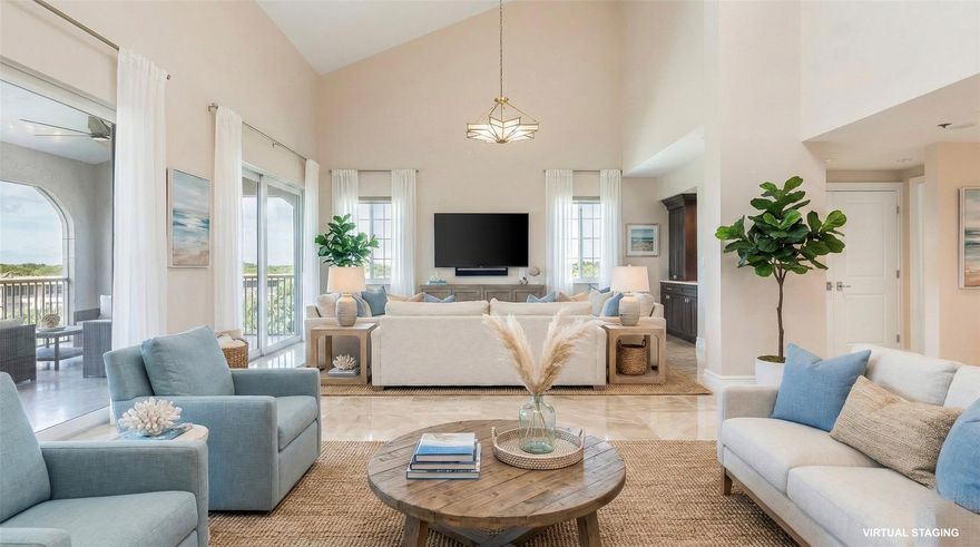 An exceptional opportunity to own an updated penthouse of this size and caliber in Vizcaya. Over 2,400 sqft of open living with sweeping golf, pond, and city skyline views, this 2-bedroom residence features 20' vaulted ceilings, skylights, and floor-to-ceiling impact windows that fill the home with natural light - including a screened balcony of ~350 sqft overlooking the Cypress Golf Course. The gourmet kitchen showcases Jenn-Air appliances, quartz countertops, and an eat-in island. A functional, move-in-ready layout with laundry and semi-private elevator access for added privacy. Vizcaya’s gated community offers a pool, fitness center, clubhouse, BBQ area, covered parking, access to golf, tennis, and pickleball. A rare combination of space, updates, and lifestyle at a compelling value.