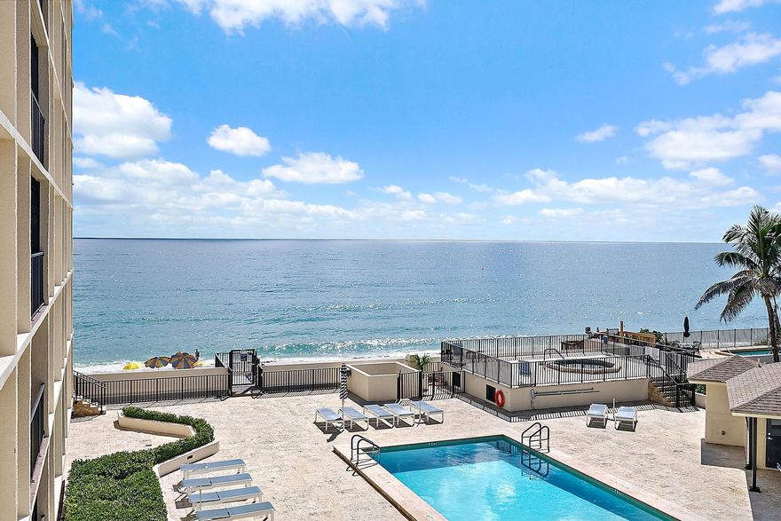 Step into this 2BR/2BH turnkey coastal-style apartment, located at the Dune Deck, a boutique full-service oceanfront building. This fully furnished unit offers a direct, frontal view of the Atlantic, where you can enjoy sunrises from your over-sized balcony and the gentle sound of waves throughout the day.With direct access to the beach, you are mere moments from the sand and surf. The building's prime location places you next door to the world-class Eau Palm Beach Resort & Spa, as well as across from Publix and the charming shops and restaurants of Plaza del Mar. You are also just minutes from the boutiques and dining of Worth Avenue, the energy of Palm Beach, and the serene beauty of Manalapan. The building's amenities include a doorman, pool, clubhouse, fitness center, and
