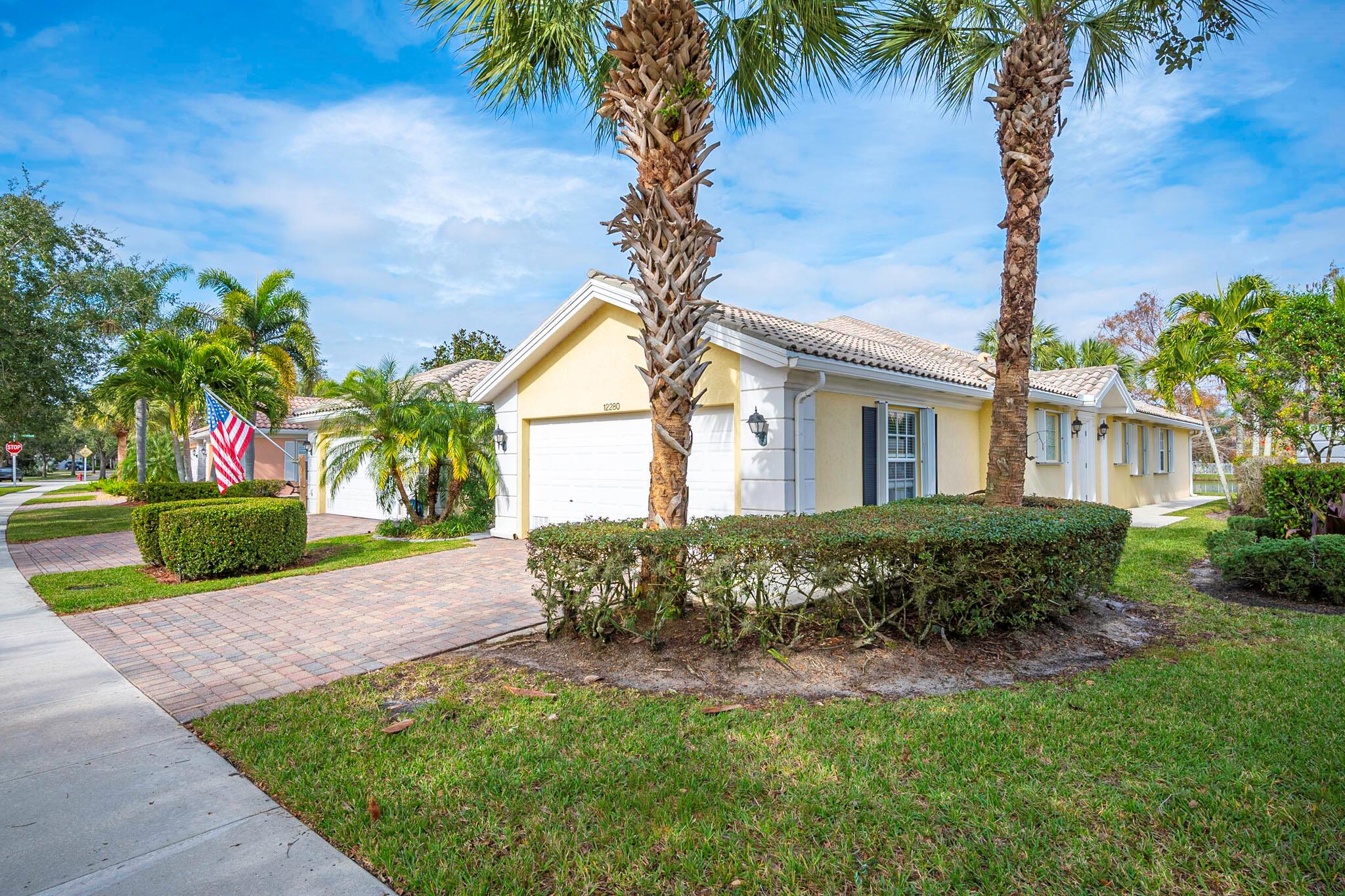 Welcome to this meticulously maintained villa, ideally located at the quiet end of a desirable all-ages, gated community. This furnished home has an extended floorpan with spacious living areas and is positioned to take in the panoramic lake views! The villa comes equipped with modern appliances, replaced in 2020, including a Samsung washer and dryer. The AC and water heater were also replaced in 2020, offering energy efficiency. Accordion storm shutters provide convenient and durable protection during storm season. Located in a vibrant, amenity-rich community that includes: pickleball, tennis, 2 heated pools, gym, bocce, basketball, playground, and a clubhouse with many social activities. The HOA fees cover internet, cable, landscaping, security, and exterior painting, so you can enjoy a