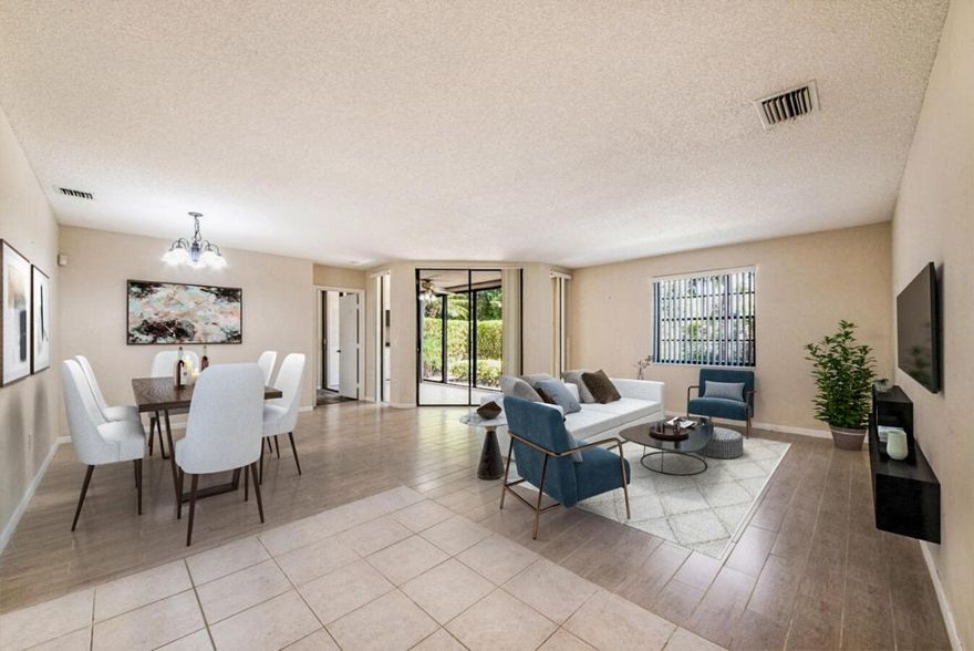 Come live the active Florida lifestyle in this charming 3 bedroom, 2 bath, 1st floor condo. Open floorplan accentuated by neutral decor and an abundance of natural light. The highly functional  kitchen features plenty of cabinet and counter space, a garden window, pantry and a breakfast nook. The primary retreat offers a slider to the enclosed patio, a large walk-in closet, dual sinks and a walk-in shower.  A highly functional open layout, new waterproof manufactured wood in the bedrooms, neutral flooring in the living area and an abundance of natural light are just a few of the highlights in this unit. The spacious  enclosed patio is the ideal space to entertain friends or enjoy a quiet evening with a good book. Platina provides first class amenities including a clubhouse, fitness center, card rooms, gathering room, indoor and outdoor cafes, resort style pools, tennis, pickle ball, bocce, shuffleboard and BBQ areas.