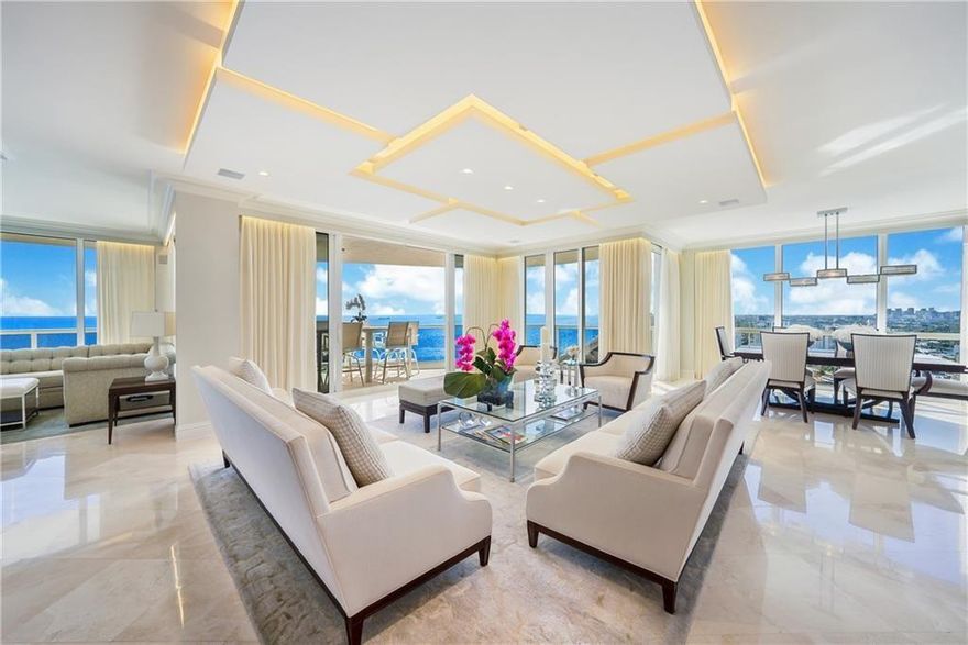 DIRECT OCEAN FRONT RESIDENCE, RARELY AVAILABLE, SPECTACULAR DIRECT OCEAN AND COAST LINE VIEWS, TRULY BEST SOUTHEAST VIEWS & FLOOR PLAN AROUND, Luxury living on the sand. Completely renovated with designer finishes. Open Floor plan,3 bedrooms plus office. Floor to ceiling Impact Glass, Private Elevator, private foyer, Smart home technology, new AV Equip & TV, Architecturally designed ceilings, customized automated window treatments, marble floors, 2 New AC units, 2 New HWH, New House Water Filtration system, tons of storage . This exquisite gated residence is situated on over 10 acres of lush landscaping with resort-like amenities, 2 pools, tennis courts, fitness center, private beach pavilion, cafe, spas, saunas, steam room, pet friendly, 2 Garage Spots,1 w/EV Charging Station