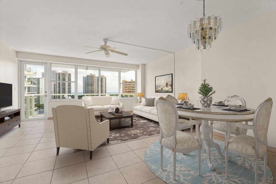 This is the one you’ve been waiting for, this bright southeast apartment offers sweeping views of the ocean, downtown, and the tropically landscaped pool area. Some photos have been virtually staged for marketing purposes. The building has just completed a multi-million-dollar renovation, passing their milestone inspections, installing fire sprinklers and alarm, updating halls, new roof, and new glass balconies! Enjoy complete peace of mind with an updated bathroom, tile flooring throughout, and impact windows and door. Coral Ridge Towers East offers all the conveniences of quaint beachside community living, with the peace of mind of 24/7 security and full service professional onsite management. The building offers an array of excellent amenities including a heated pool, and gym.