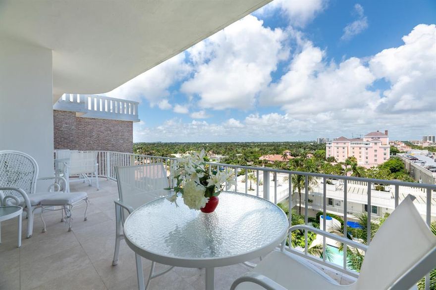 Remarkable penthouse with expansive western city and sunset view from every room of one of the most sought after condo buildings in Palm Beach. Located on the corner of Worth Ave directly across from the ocean, Winthrop House has a unique private tunnel to the beach, great gym,a Miami-style resort pool with lounge chairs and umbrellas, a beutiful oceanview deck for sunning or entertaining, a library club room for parties or relaxation and white-glove service.  The contemporary, updated unity features a neutral decor, crown moldings, stone surfaces, custom built-ins and an ensuite laundry. The guest room can easily be used as an office or library. All rooms have floor-to-ceiling impact glass sliding doors. A separate storage and two car garage parking spaces are included.