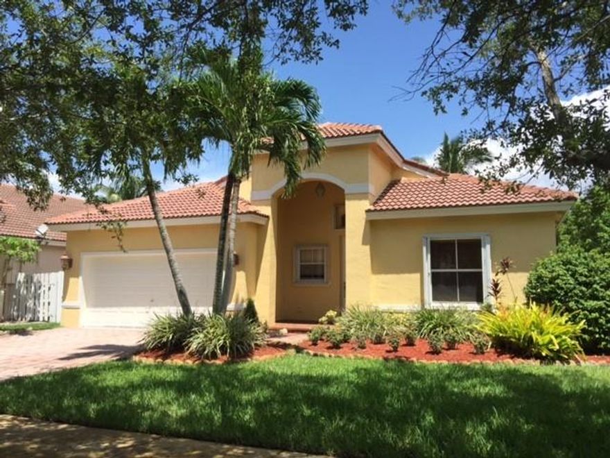 Excellent single family home in Monaco subdivision of Sunset Lakes. Gated community. Features recent new porcelain flooring and baseboards throughout. Also recently painted and very comfortable layout. Fenced yard. Large master bedroom and master bath. Two bedrooms connected with jack-jill bathroom. Open floor plan with kitchen open to large family room. Don't miss this great rental opportunity.