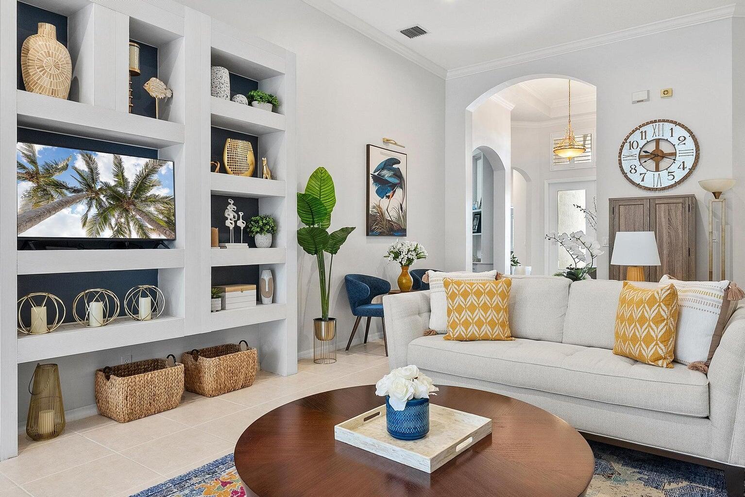 AVAILABLE FOR SEASONAL LEASE! Enjoy the South Florida lifestyle in this 3BR/2.5BA + Flex Room home in the Grande neighborhood of The Club at Ibis. Perfectly positioned on a private lot with serene water views, this floor plan features soaring ceilings, sun-filled living spaces, and a newly expanded lanai with travertine pavers and custom screening.The open kitchen and family area are ideal for entertaining, with a gas range, new stainless-steel refrigerator, Corian countertops, and plenty of dining space. Upgrades include fresh interiors, crown molding, plantation shutters, custom built-ins, and brand-new plank flooring in the bedrooms and office.