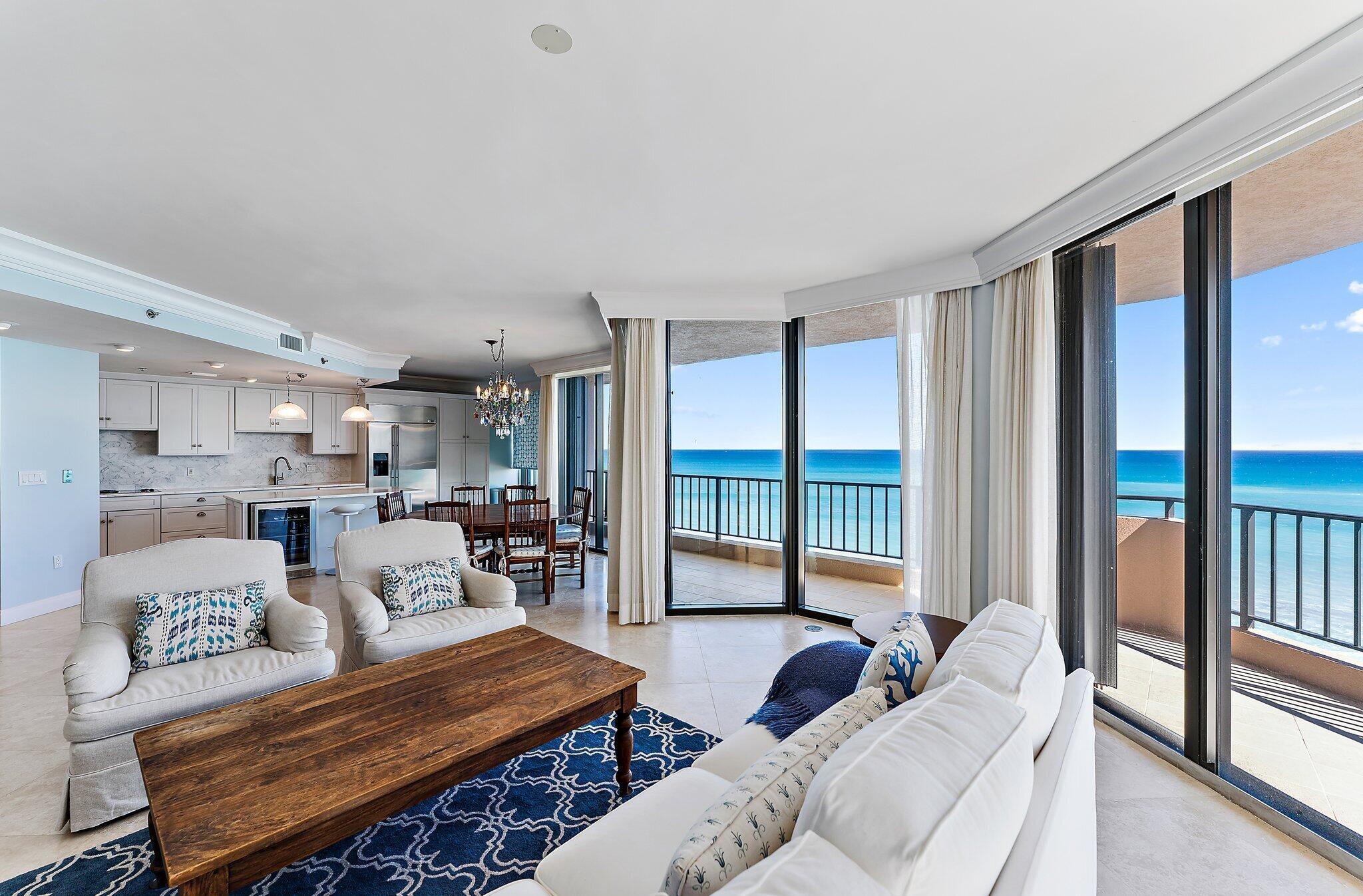 Pristine sparkling blue Atlantic Ocean views grip you upon entry to this southeast corner unit! With nearly 2,500 square feet, the floor plan comfortably flows with 3 en-suite bedrooms, an open kitchen and spacious great room. The wrap-around patio allows for sun worshiping loungers as well as dining space. A private pool cabana is included, offering an air conditioned retreat just steps from the pool, spa and beach. Additionally, there is a separate detached garage included with the sale! Things that matter most: East of Ocean Dr, no road between you and the beach. Amazing Atlantic Ocean views from all rooms. Financially sound condominium association with approximately $1.1million in reserves. Structurally sound building w current inspections available for your review.