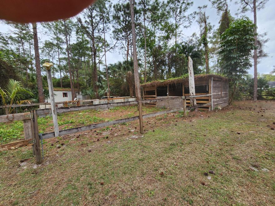 Beautiful uspoiled 1.34 acre lot. 
 Featuring 
2 stalls and paddock (Rent for Income)
Large 12X24 shed (Store belongings free while you build)
corner lot, off paved road on deadend street,  with
mature pine and palms trees that's partially cleared.
Equestrian community (horses and livestock welcome)
Next to canal (land irigation)
High and dry (no melaleuca trees)
2 culverts (for circle drive)

Excellent schools and shopping nearby.
Close to Northlake for convient commuting