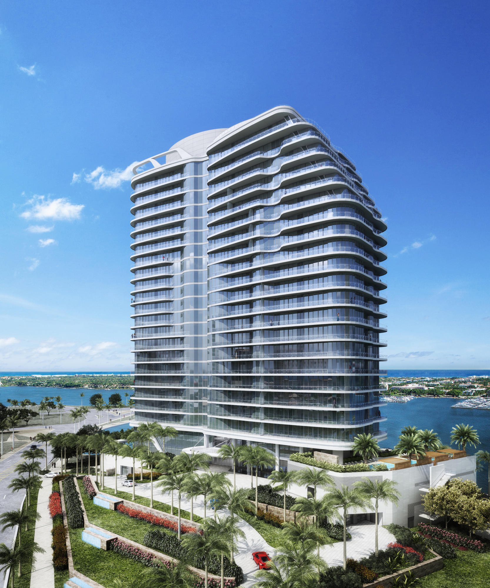 Iconic 25-story new development with unobstructed ocean/intracoastal view steps from Palm Beach. Flow-through residences offer dramatic ceiling heights, floor-to-ceiling glass, expansive balconies. Amenities include pools, salon, spa, gym, valet.