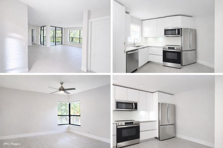 🌿 TOWNSHIP SPECIAL - FULLY RENOVATED & MOVE-IN READY! 🌿Welcome to this beautifully and completely renovated residence, offering modern elegance and effortless living with peaceful garden and canal views.This home features large-format tile flooring throughout, fresh contemporary finishes, and a bright open layout perfect for everyday living and entertaining. The split-bedroom floor plan provides privacy, while the spacious primary suite impresses with custom built-in closets, a dressing vanity.The brand-new modern kitchen showcases sleek white cabinetry, stainless steel appliances, and clean minimalist lines. Enjoy indoor-outdoor living from the screened patio, which includes a full-size washer and dryer with additional storage.