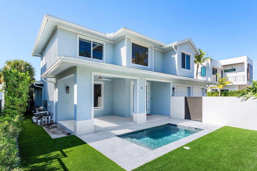Ideally located in the heart of Delray Beach's Osceola Park, this home offers the perfect blend of coastal charm and walkable downtown living. Just minutes from Atlantic Avenue, residents enjoy effortless access to renowned dining, boutique shopping, art galleries, and Delray's vibrant nightlife, along with the pristine beaches the area is famous for. Walk back from The Ave down a quaint street, lined with beautiful new homes, mixed in with Delray's historic charm. The 2021 interior is beautifully appointed with soaring ceilings and a one bedroom apartment upstairs with separate entrance, perfect for visitors, teens, playroom, or rental income. This unit can be converted to an upstairs primary suite. The outside boasts a brand new plunge pool with turf and pavers throughout the yard.  Downstairs furniture is negotiable. Some photos are digitally staged.