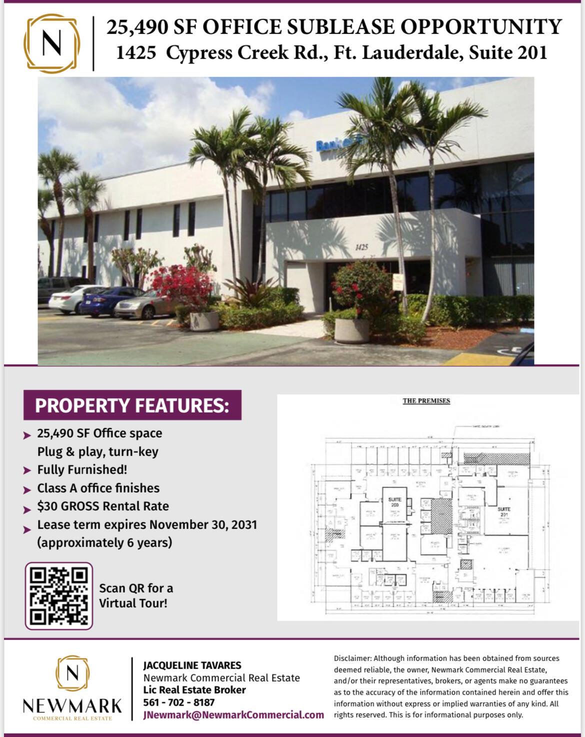 PROPERTY FEATURES:25,490 SF Office spacePlug & play, turn-keyFully Furnished!Class A office finishes$30 GROSS Rental RateLease term expires November 30, 2031(approximately 6 years)