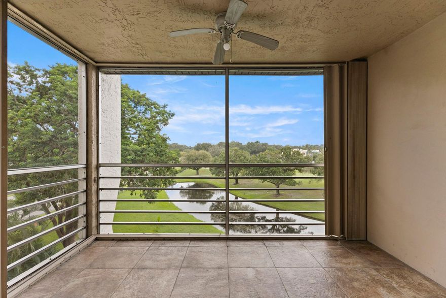 This condo located on the fourth floor with spectacular views of the golf course and lake, is in pristine condition.  Upgraded laminate flooring, custom lighting, granite counter tops in kitchen.  All you need to do is bring your furniture.  Accordion shutters.  Laundry facilities on 4th floor.  Storage unit available.  In addition to the application fee of $150.00, once there is an approval and prior to moving in, tenant must provide a check or money order for $500 as security deposit for Common Elements, refundable upon move out.  $100 for security deposit, refundable upon return of Country Club I.D. cards, guest hangers, laundry card and pool key.  $500 refundable deposit for move-in Elevator pads as security deposit.  Check is held to make sure the move-in rules are adhered to.